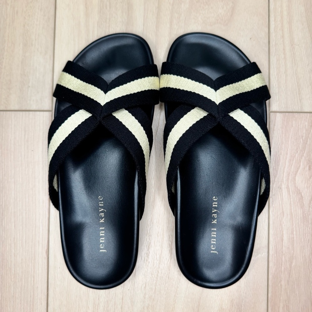 NWT Jenni Kayne Cotton Crossover Sandal Slide Black & Cream • Size 38 / 7.5 / 8